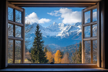 Snow-Capped Peaks Through a Mountain Lodge Window