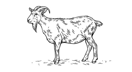 Goat. Vintage retro print, black white goat drawing, sketch ink pencil draw, engrave old school style. Sketch artwork silhouette goat with horns. Side view profile goat. Vector Illustration