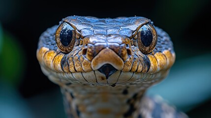 Fototapeta premium Highly Detailed Photograph of Indonesian Cobra Facing Camera - Head Tilted with Dark Green Foliage Background