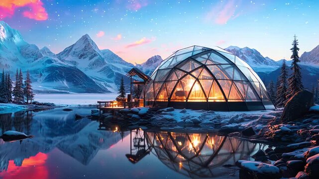 Winter holiday in a luxury modern glass igloo hotel with beautiful view on mountains, forest and night sky