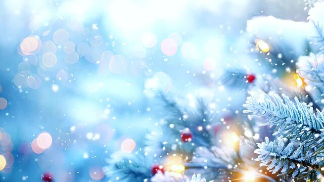 Winter beautiful scene with snowy fir branches, berries, eucalyptus leaves, and festive bokeh. Christmas and New Year background
