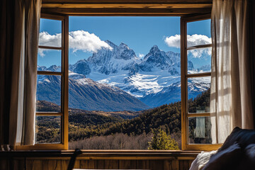 Scenic Snow-Capped Peaks Seen from a Mountain Lodge
