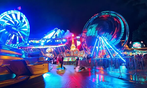 a carnival ride at night with a ferris wheel in the background