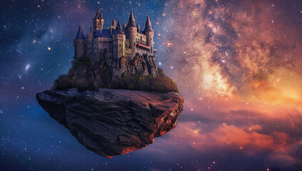 A fantasy castle perched atop a floating rock in a sky full of stars