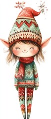 Cute Christmas elf girl with a red hat and green sweater