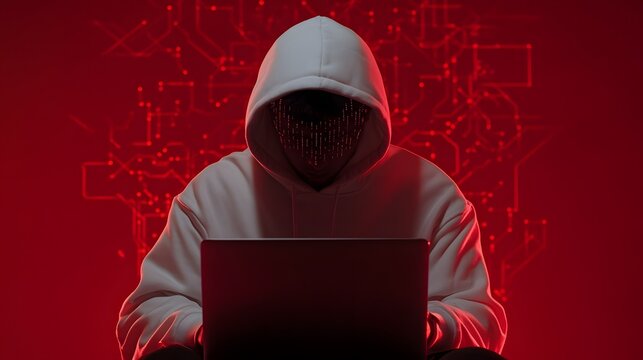 Hacker in a white hoodie, illuminated by a solid red background with faint, holographic AI circuitry patterns, intense focus on the laptop, cool, atmospheric lighting with high contrast,