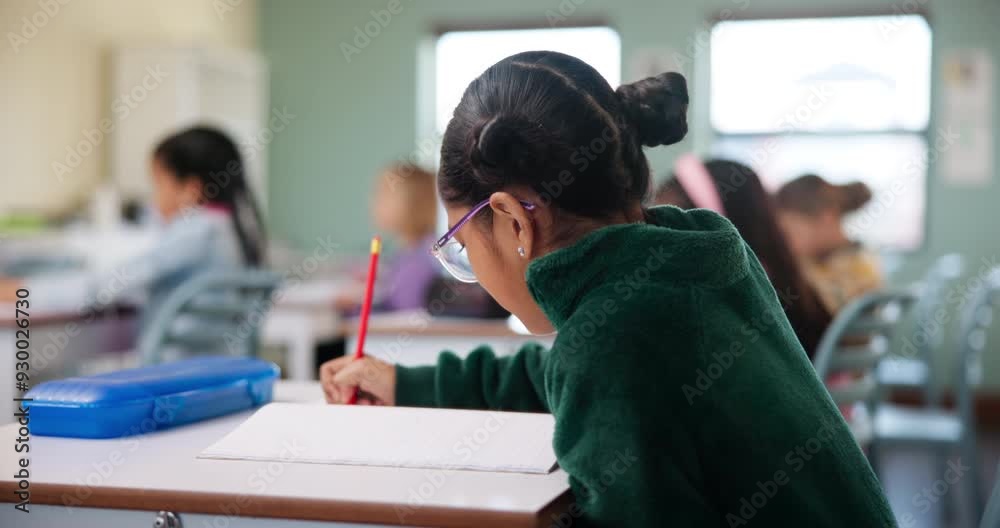 Poster child, student and writing in classroom for learning, education and problem solving by desk with kno