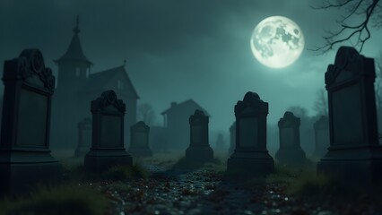 An eerie graveyard under a full moon with rows of tombstones leading toward a misty church in the background