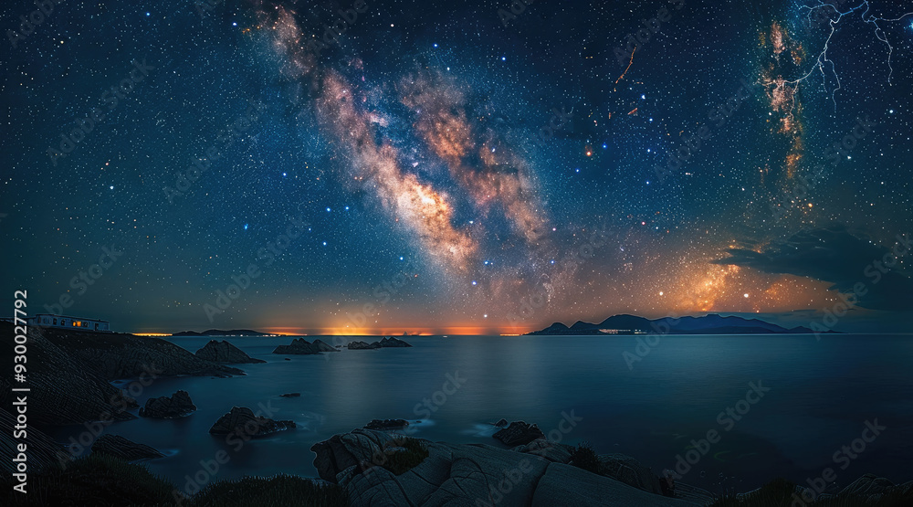 Poster starry sky, milky way, distant lightning flashes and thunder, distant islands on the horizon. genera