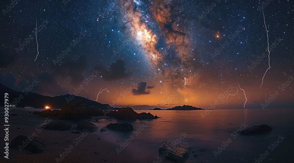 Poster starry sky, milky way, distant lightning flashes and thunder, distant islands on the horizon. genera