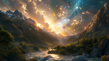 A fantasy landscape with a river of stars flowing through a serene valley