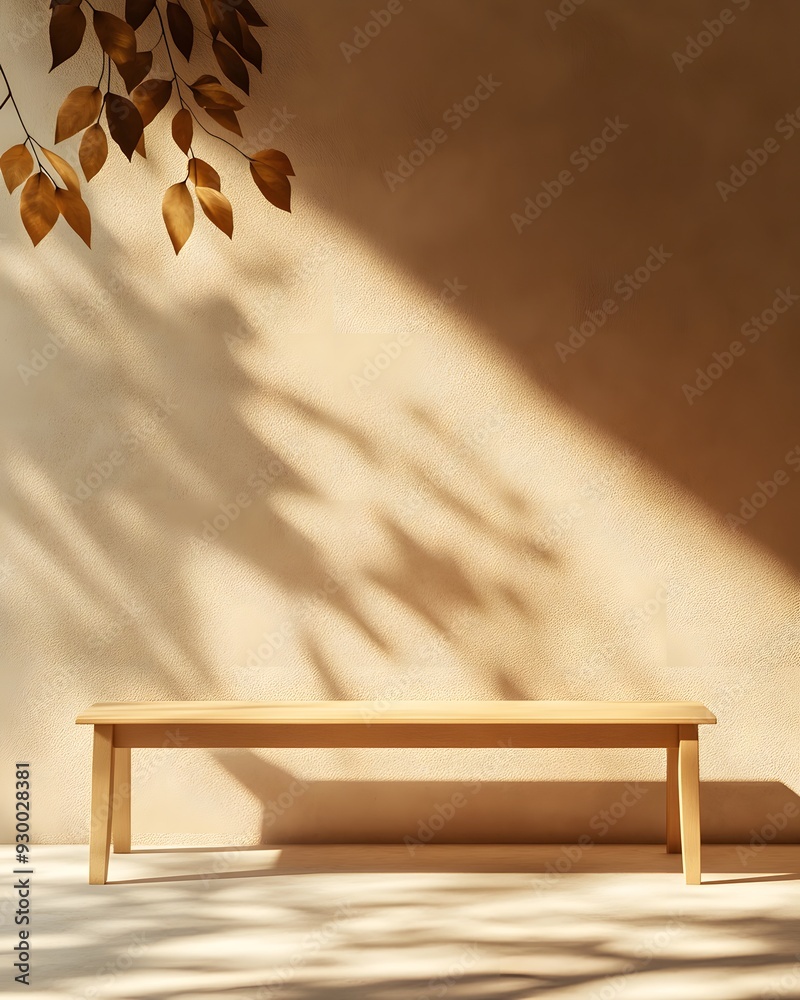 Wall mural a minimalist wooden bench against a beige wall with delicate shadows of leaves and branches, creates