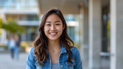 Portrait of a young Asian woman wearing denim on a college campus, smiling at the camera