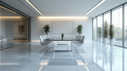 Fototapeta premium Modern conference room with elegant furniture, large windows, and natural light, perfect for business meetings and presentations.