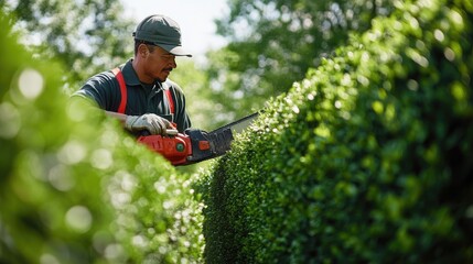 A dedicated parks worker uses hedge trimmers to shape the bushes, showcasing the skill and effort behind maintaining public spaces.