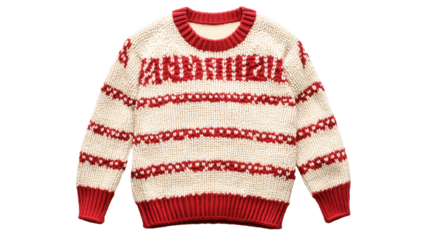 A children's Christmas sweater with red patterns, in a cream and red color scheme isolated on a transparent background