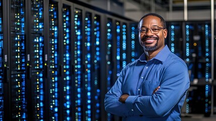 Confident IT Engineer Managing High-Tech Servers in Secure Data Center 