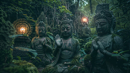 A hidden forest glade with ancient, magical statues that come to life at night