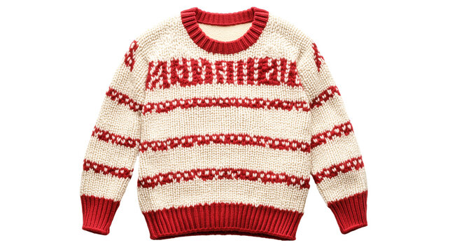 A children's Christmas sweater with red patterns, in a cream and red color scheme isolated on a transparent background