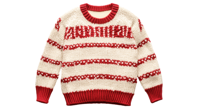 A children's Christmas sweater with red patterns, in a cream and red color scheme isolated on a transparent background