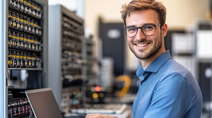 Smiling IT Engineer Working on High-Performance Servers in Data Center 