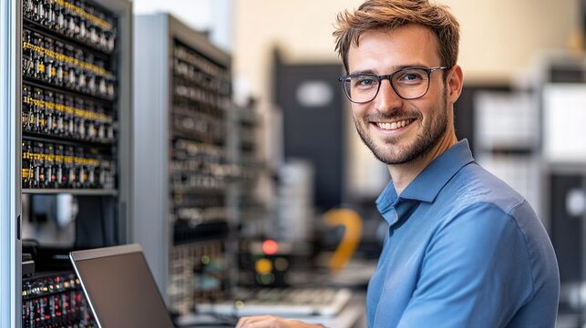 Smiling IT Engineer Working on High-Performance Servers in Data Center 