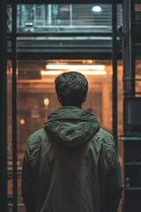 Naklejka premium A person in a green jacket is standing against a plain white wall