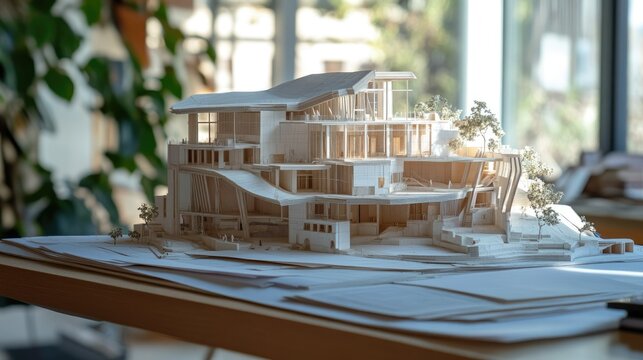 A detailed architecture model on a table, where blueprints meet reality, symbolizing the beginning of a dream taking shape.