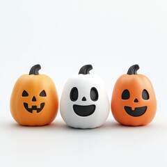 Group of 3 Halloween Pumpkin Cartoon Clay Illustration, Halloween 3D Icon, Isolated on white background