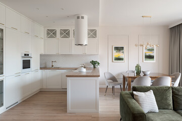 Elegant apartment interior with open kitchen