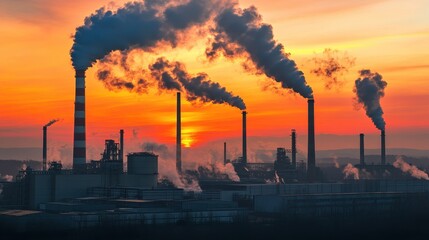 The carbon capture technology is actively filtering emissions at a manufacturing site against a sunset backdrop