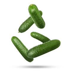 Whole ripe cucumbers falling on white background