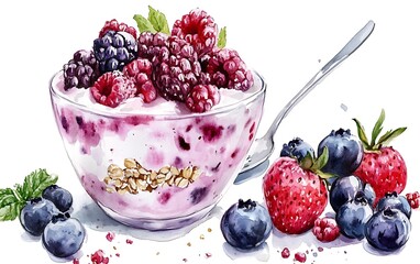 Watercolor illustration of a glass bowl of yogurt with granola and berries, including blackberries, raspberries, blueberries, and strawberries, with a spoon to the side.