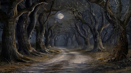 Dark Haunted Forest with Full Moon on Halloween Night