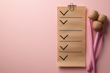A financial goals list with check marks, isolated on a pastel peach background, representing goal-setting in financial literacy,