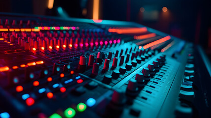 Fototapeta premium A vibrant sound mixing console illuminated by colorful studio lights, representing the dynamic energy of a music production environment.