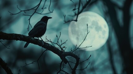 Obraz premium Raven on a branch with full moon in misty night for Halloween