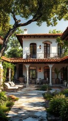 Obraz premium A beautiful, Spanish-style home with a lush garden and a peaceful patio.