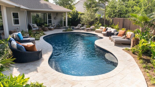 A luxurious backyard oasis featuring a sparkling pool, comfortable patio furniture, and a serene atmosphere, perfect for summer relaxation.