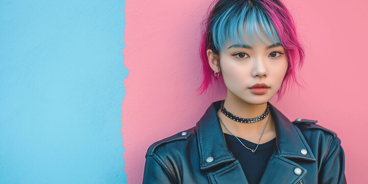A young woman of Asian appearance in a punk look on a bright background with multi-colored hair, with bright makeup. Advertising banner.