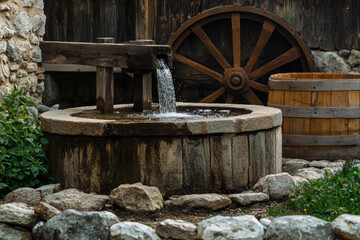 Rustic Setting with a Stone Fountain and Wooden Water Wheel