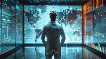 Virtual economic summit with animated growth charts. businessman. Generative AI.