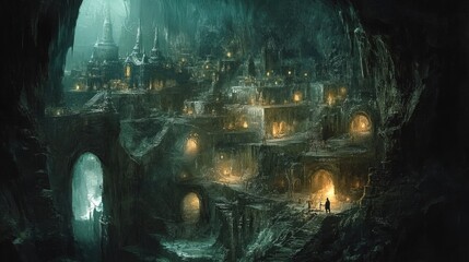 A mysterious underground city hidden deep within a vast cave, with dimly lit structures and winding pathways that hint at forgotten secrets.