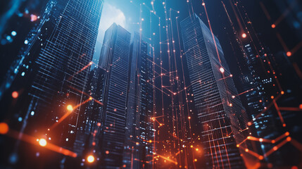 Obraz premium Smart digital city with connection network reciprocity over the cityscape . Concept of future smart wireless digital city and social media networking systems that connects people within the city