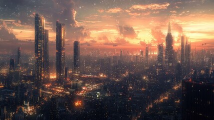 A panoramic view of city lights sparkling like stars at dusk, with tall skyscrapers and a dreamy urban atmosphere.