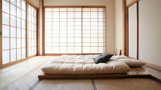 A Japanese-style bedroom with a tatami mat floor, shoji screens, and a minimalist futon bed.