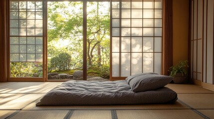 A Japanese-style bedroom with a tatami mat floor, shoji screens, and a minimalist futon bed.