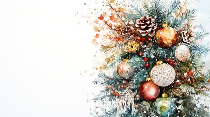 Watercolor Christmas garland with ornaments, pine cones, and berries on white background.