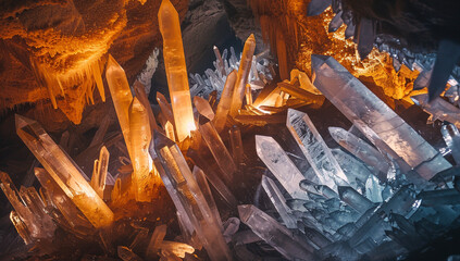 A magical cavern filled with sparkling crystals and underground waterfalls
