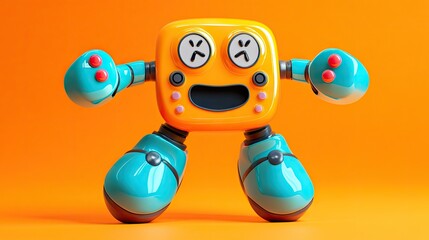 A joyful joystick character with arms and legs, winking playfully on a bright orange background.